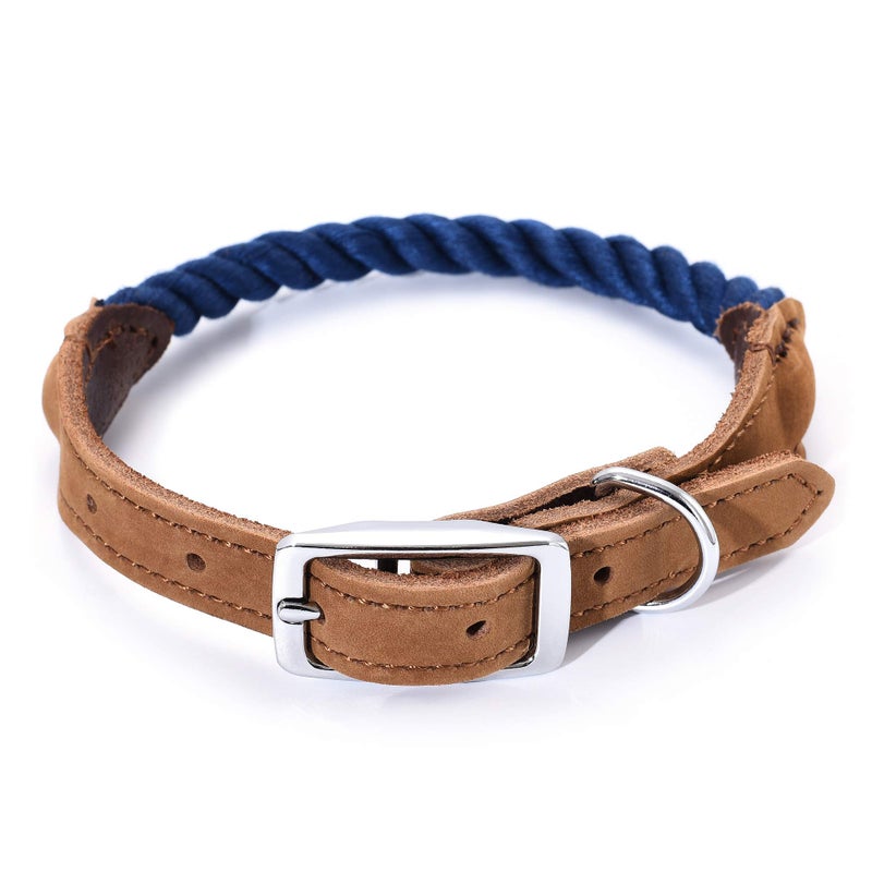 Mile High Life Rope Dog Collar | Durable Braided Cotton Rope Collars | Genuine Leather Dog Collar w Metal Pin Buckle | Classic Puppy Collars for Large Dog (Navy) - Image 1